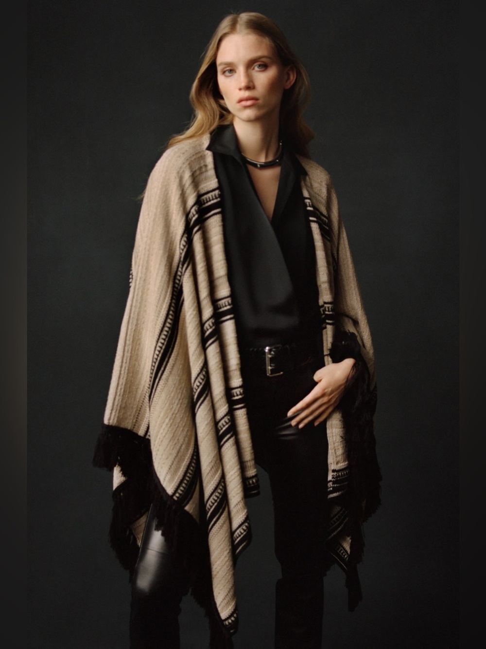 Ralph Lauren Collection Pre-Fall 2021 Italian Beige & Black Fringe Knit Ruana
